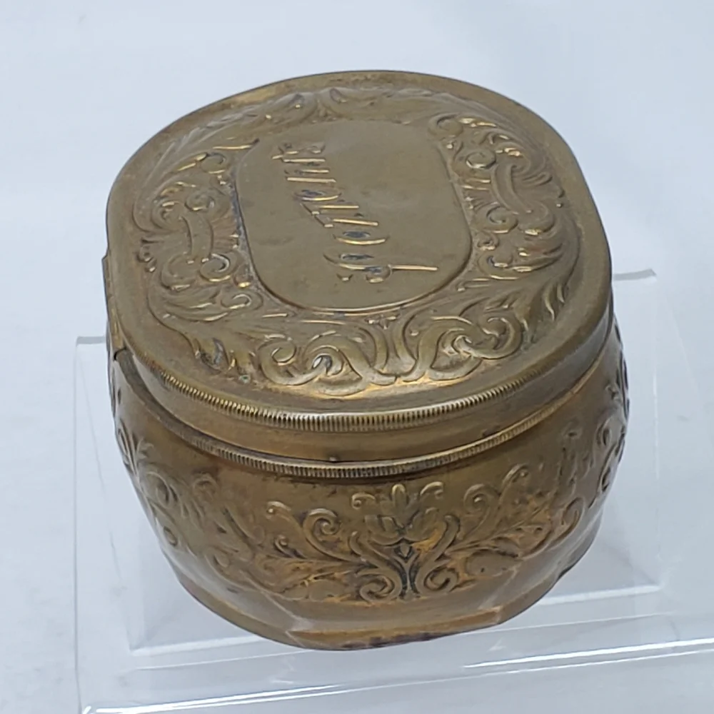 Antique Pozzoni's 1912 Brass Powder Puff Tin Box Embossed Lidded Trinket Dresser